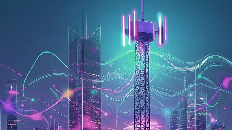 Koncept dixhital i rrjetit 5G me ikonat e lidhshmërisë globale dhe aplikacioneve të ndryshme teknologjike mbi një sfond qyteti.