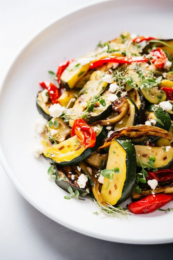 Një pjatë me perime të pjekura në furrë, duke përfshirë kungulleshka dhe speca, thelbësore për një dietë të shëndetshme dhe të pasur me perime.