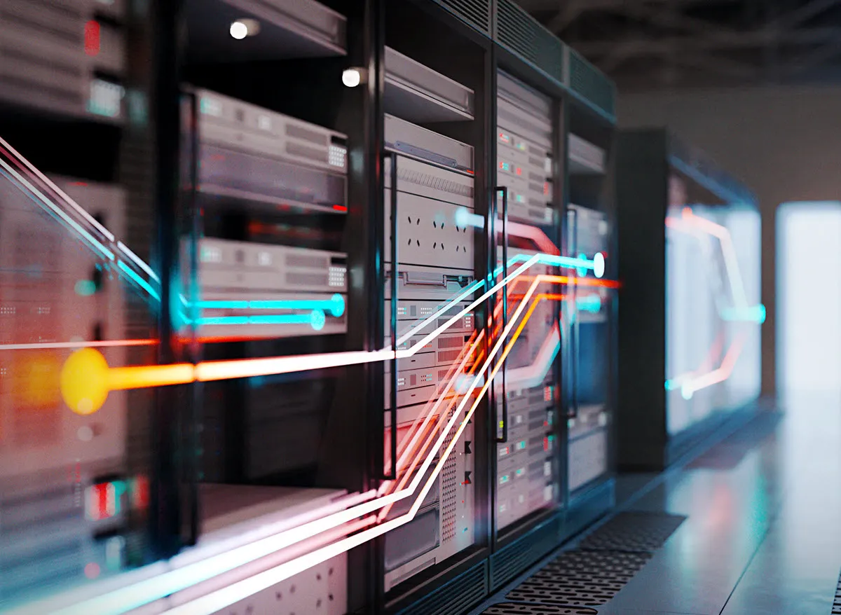 Rreshta me servera dhe drita të ndriçuara që përfaqësojnë infrastrukturën e avancuar digjitale dhe qendrat e të dhënave.