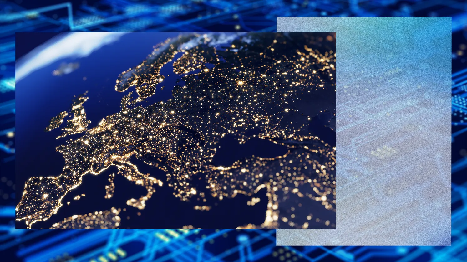 Pamje globale e Evropës së ndriçuar nga dritat e qyteteve, e ndërthurur me elemente dixhitale, që simbolizon lidhjen dixhitale dhe angazhimet evropiane.